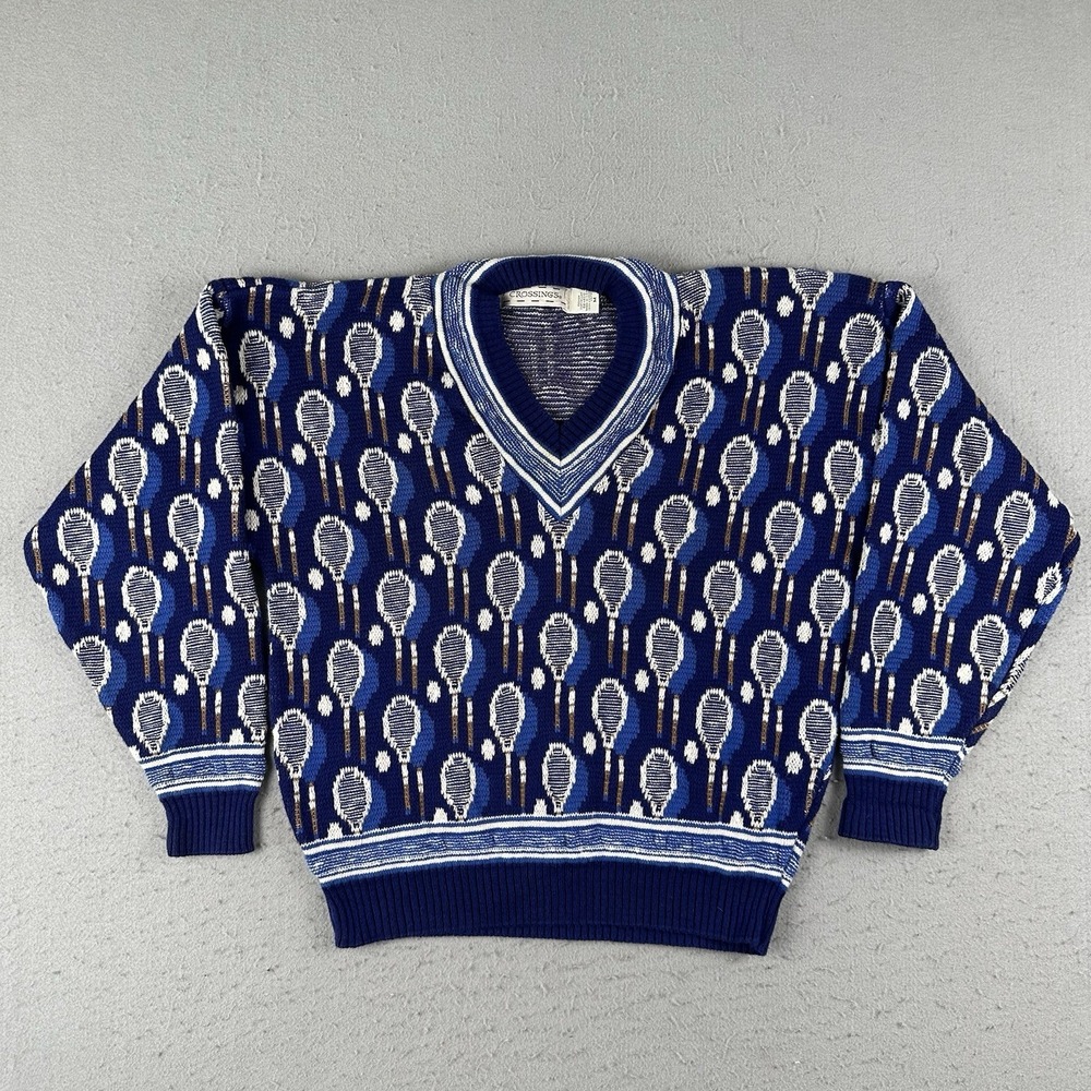 Vintage Tennis Sweater Men's Medium Blue AOP Racket V Neck Knit Pullover - Picture 1 of 16
